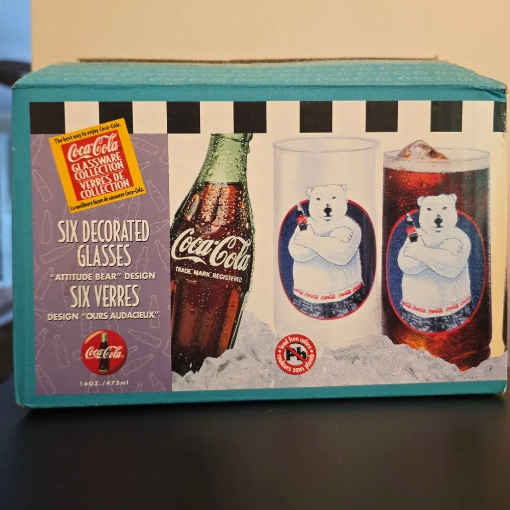 Coca-Cola Attitude Bear Glassware Set 6 In Box 16oz Polar Bear Tumblers 90s